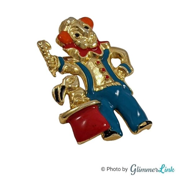 Vintage Elle Magician Clown & Rabbit Enamel Gold Tone Brooch - Picture 2 of 7